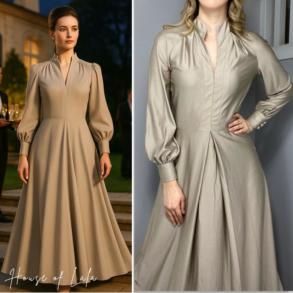 Vintage 70s Maxi Party Dress. Formal Modest Tan Long Puff Sleeve Gown. - Picture 2 of 9